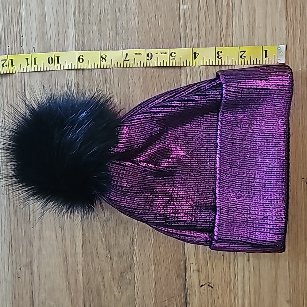 Fuchsia Pink Metallic Beanie Hat Fluffy Black Tassel Women's One Size Fits Most - Picture 2 of 5